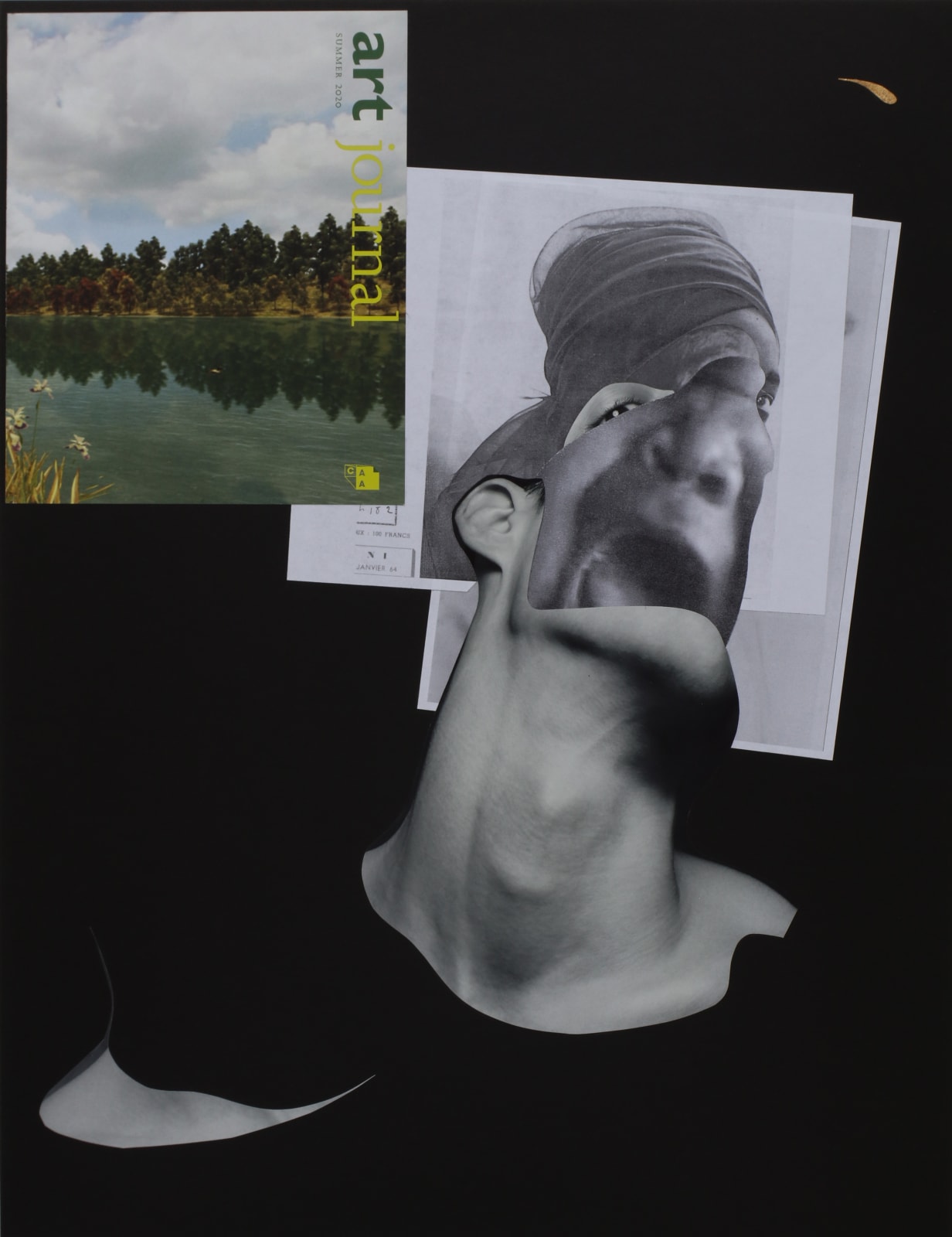 Framed collage featuring images from anthropological magazines, art publications, and colonial era photographs