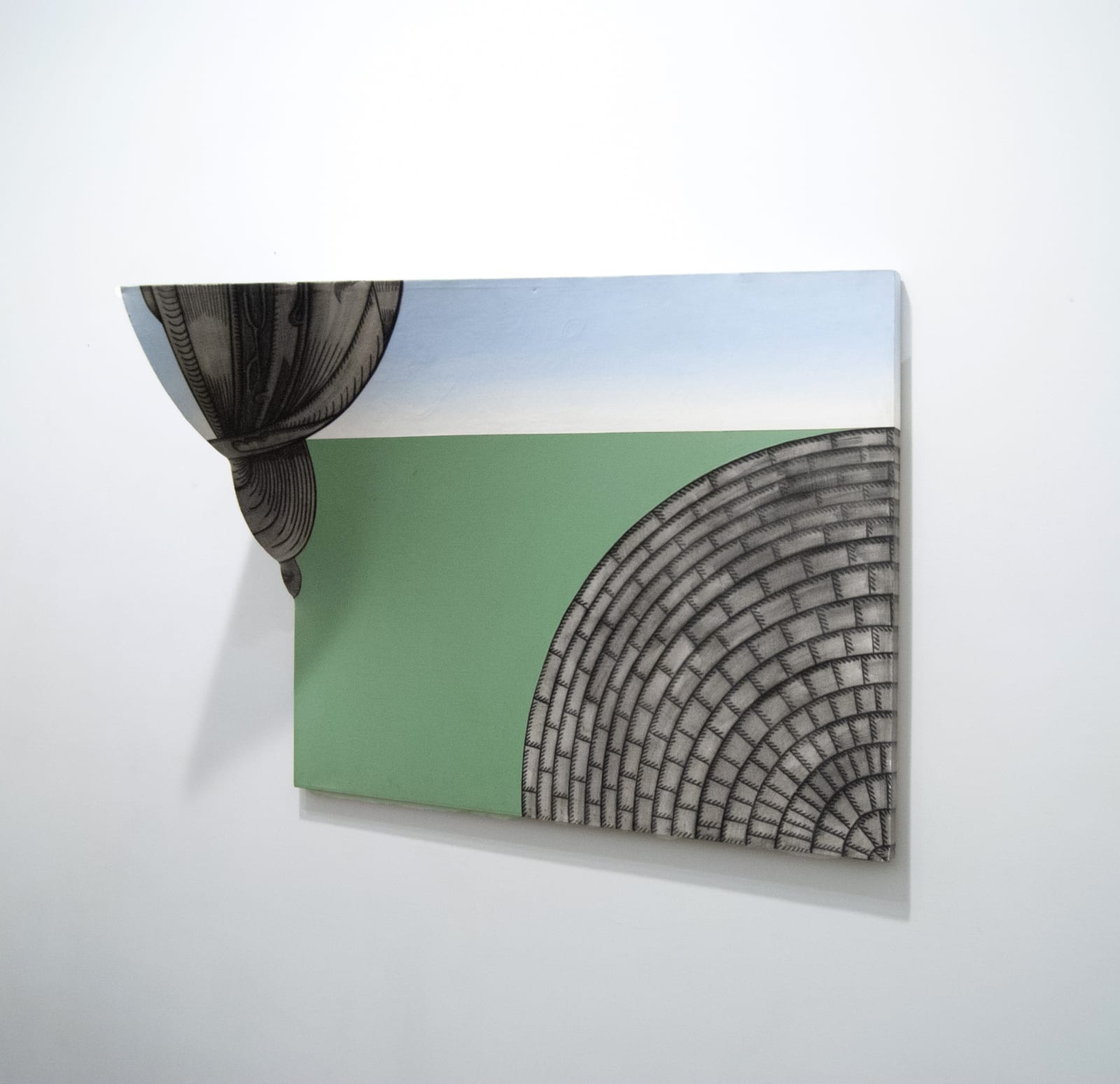 Painting of landscape with abstract concrete structures