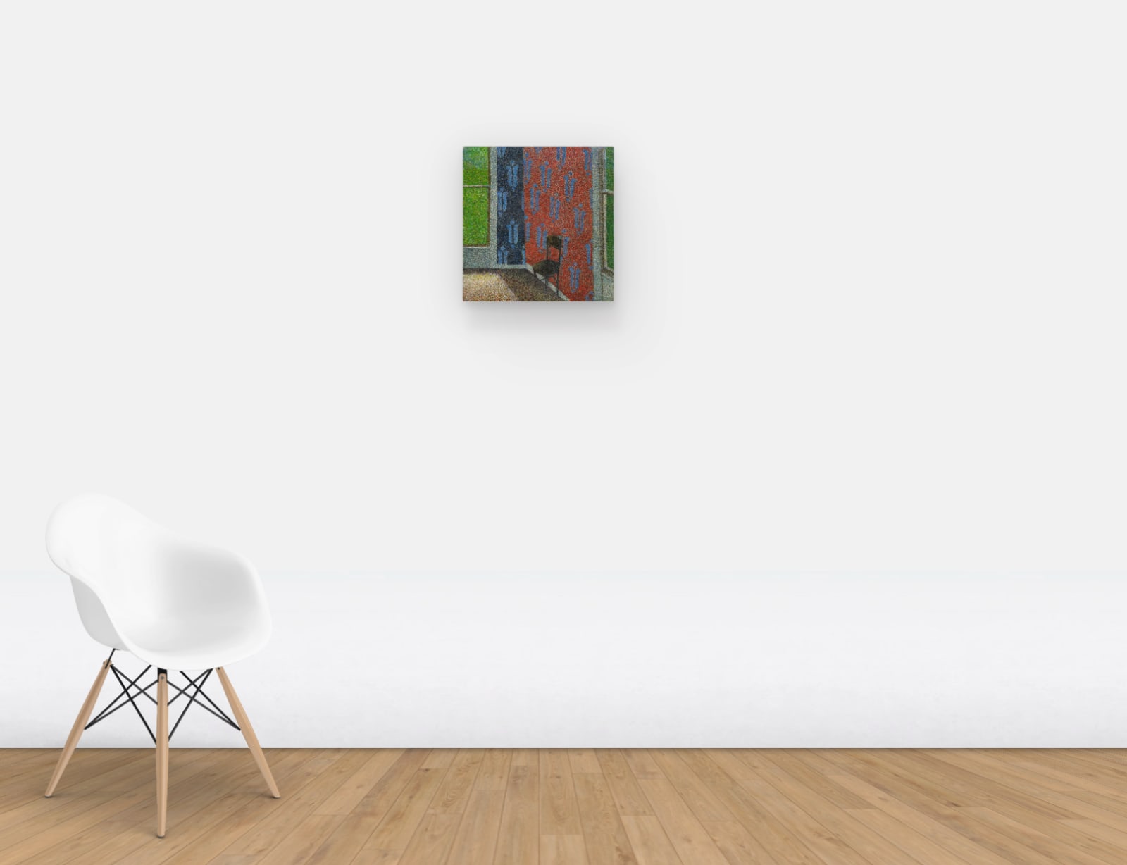 Wall view of pointillist rendering of a chair against a wall with tall windows and fleur-de-lis wallpaper