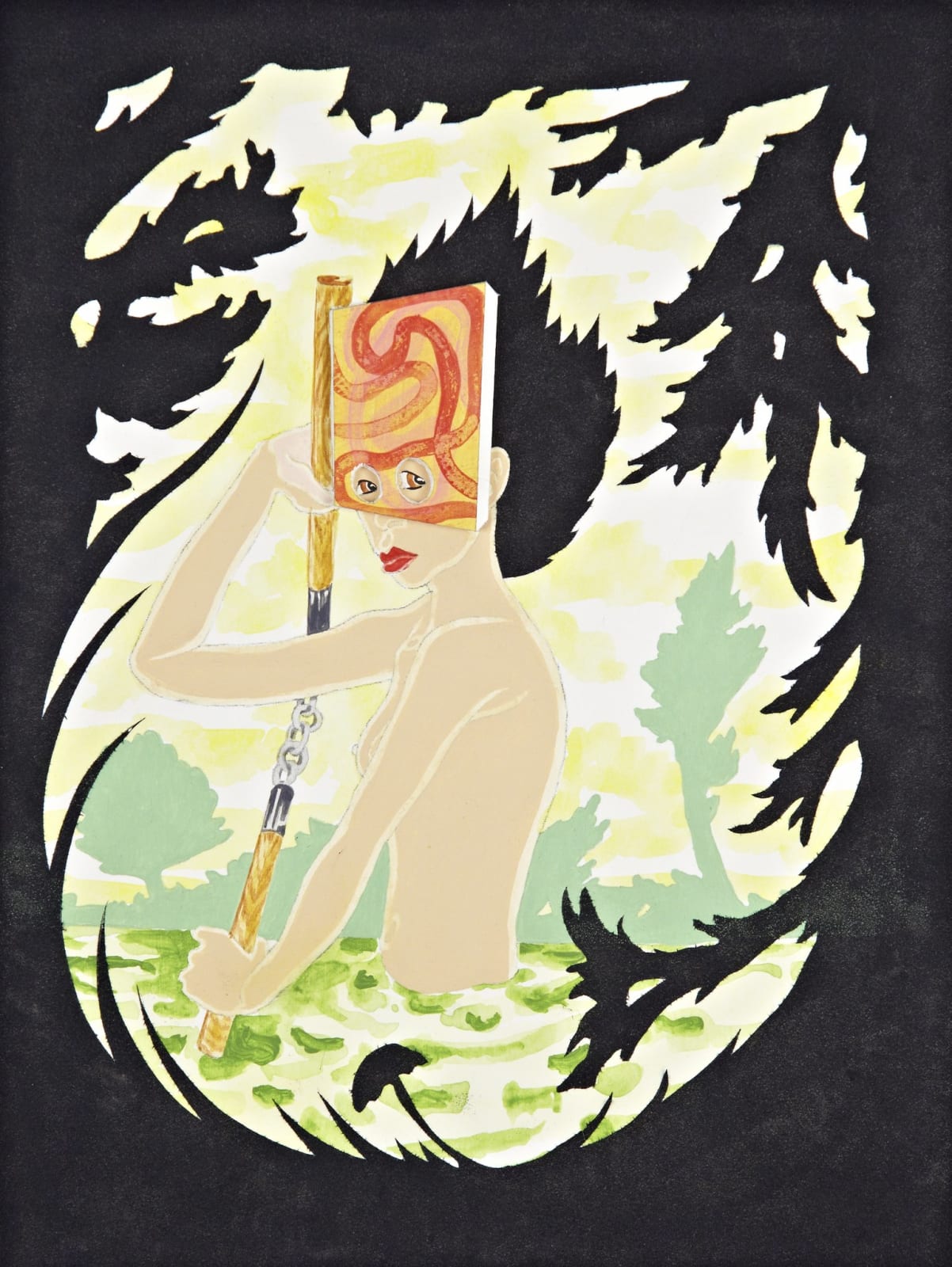 Nude woman wearing modernist mask carries nunchucks