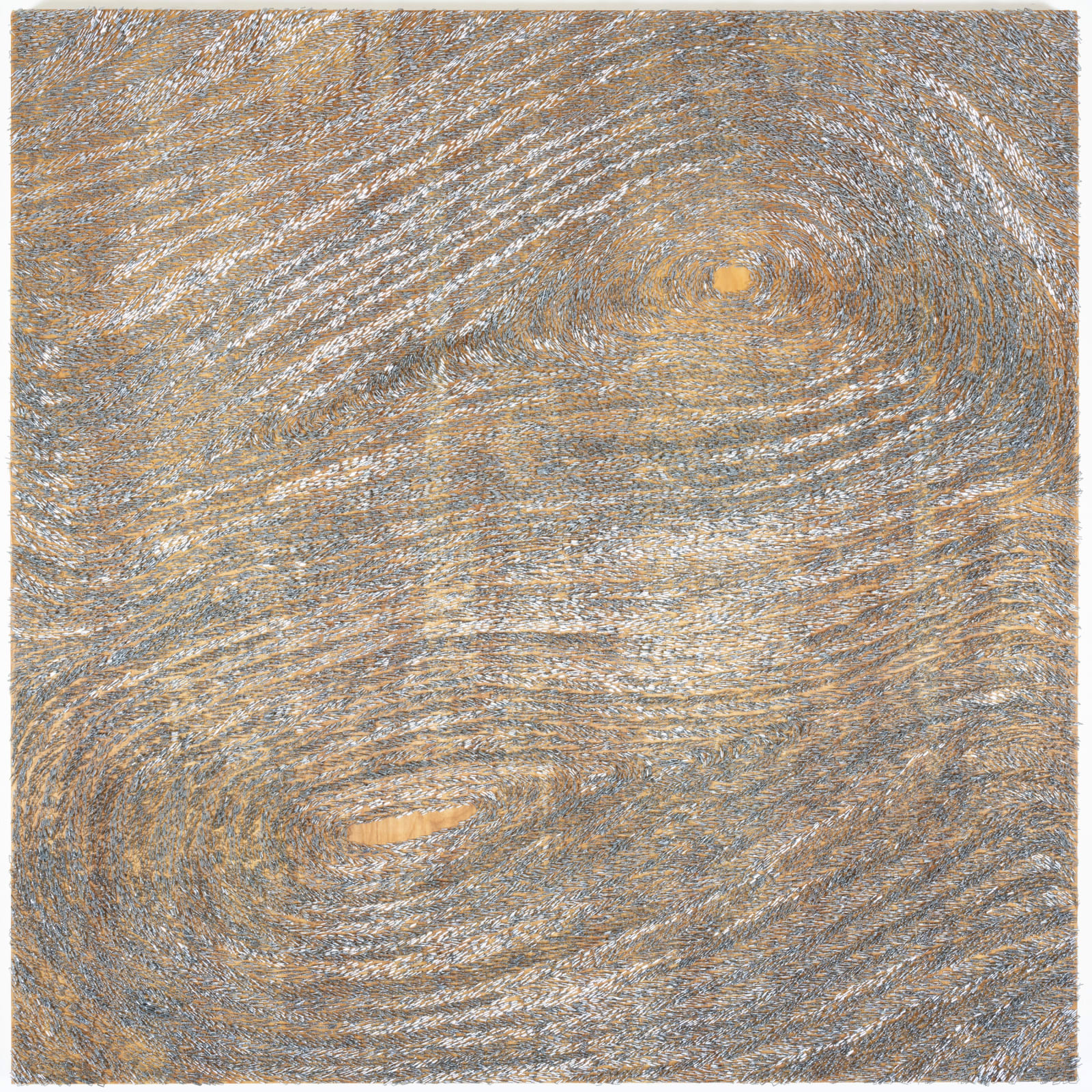 Staples on wood arranged in abstract pattern