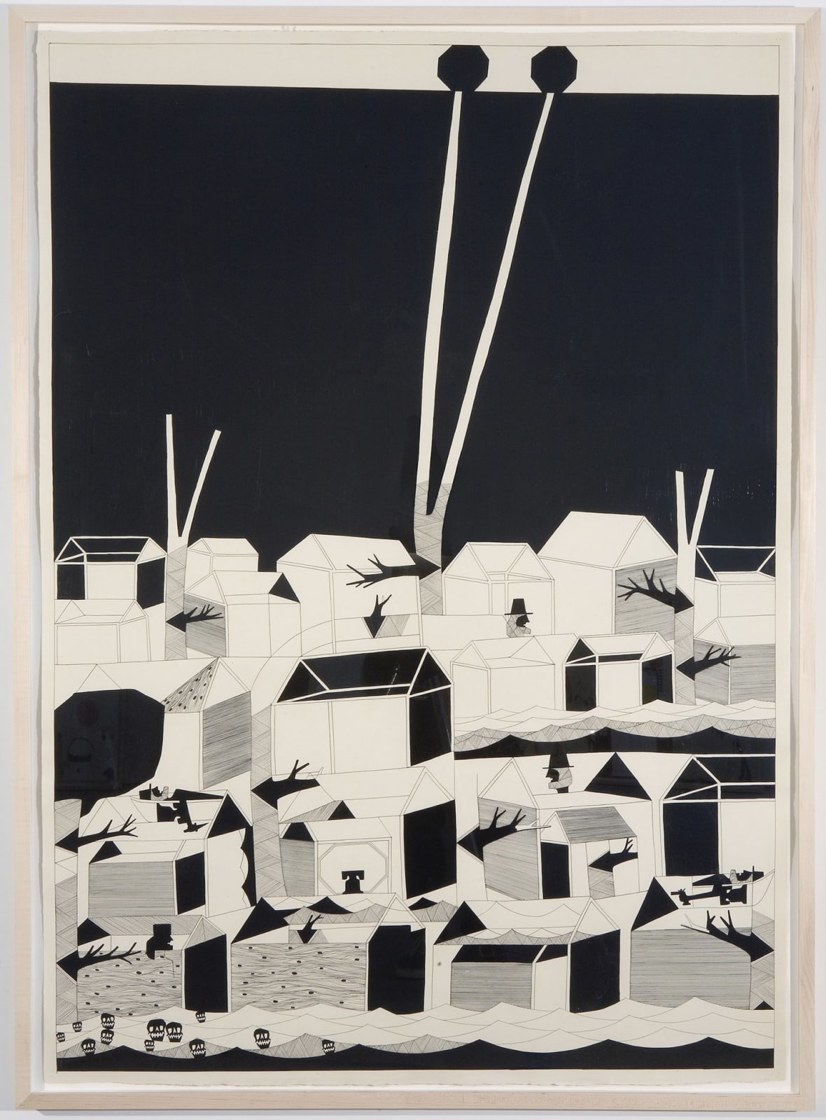 Black and white line drawing of a variety of elements including houses and skulls