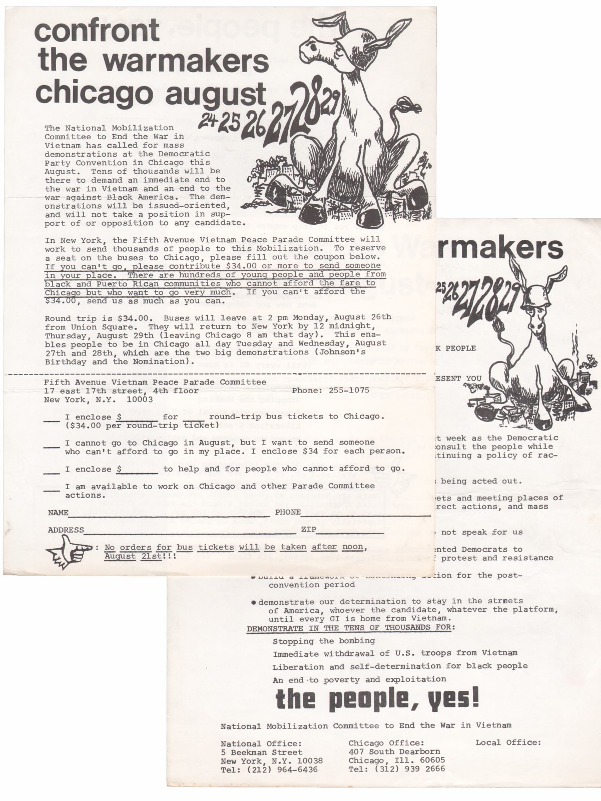 Two double sided flyers from the National Mobilization Committee to End the War in Vietnam advocating citizens take part in demonstrations against military action in Vietnam as well as civil rights issues in the United States, Chicago with images of a donkey in a soldier's helmet
