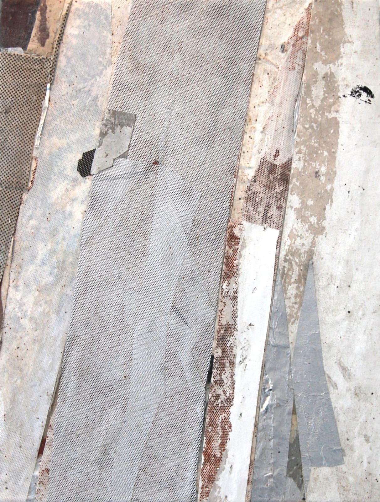 Abstract collage with diagonal strips of greys, neutral, and whites