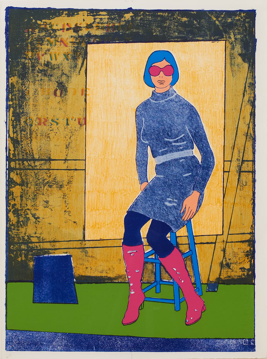 Multi colored print of woman on stool