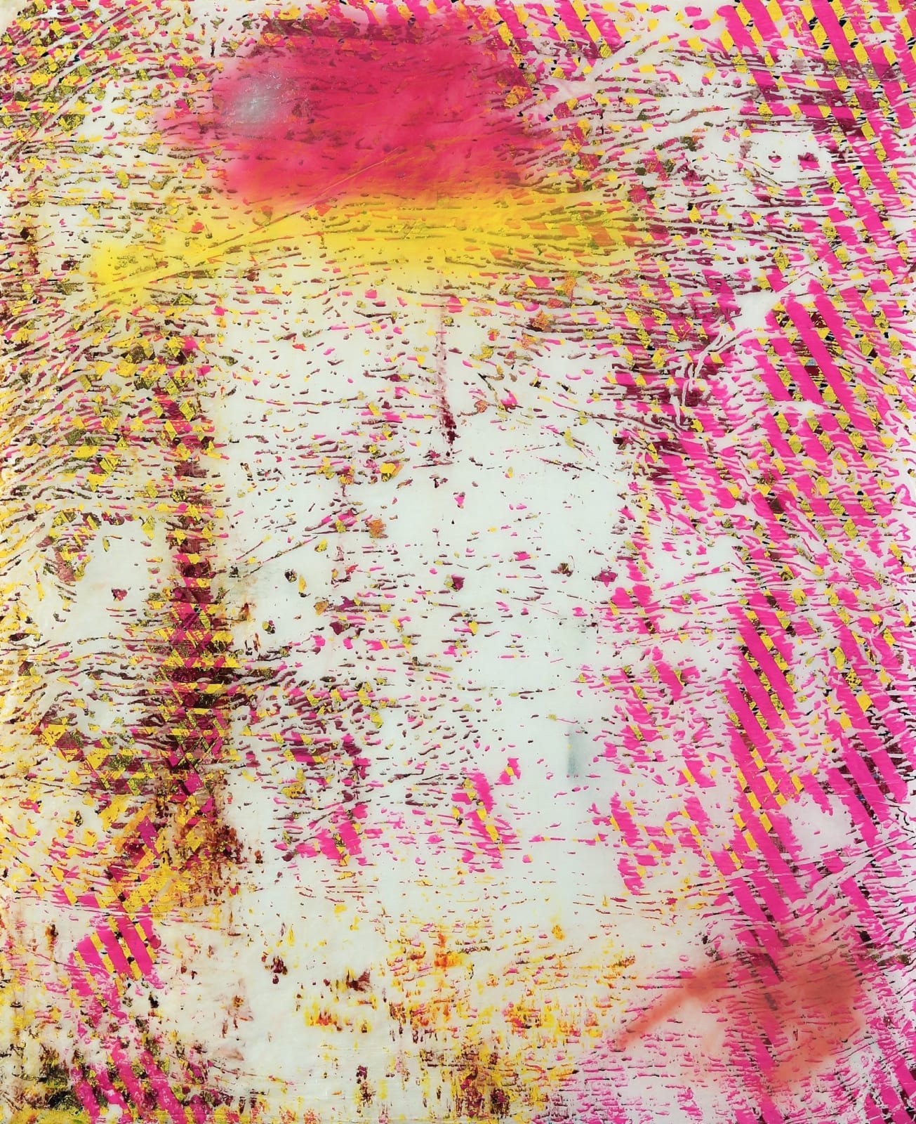 Collage with white ground and sprays of hot pink and yellow
