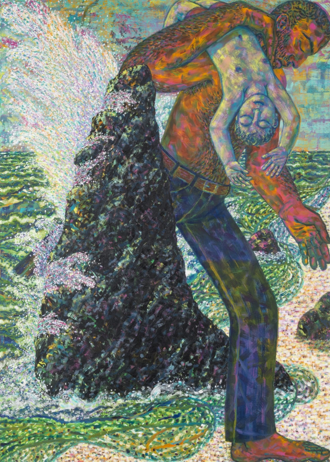 Painting of man emerging from ocean with blue child draped over his shoulder