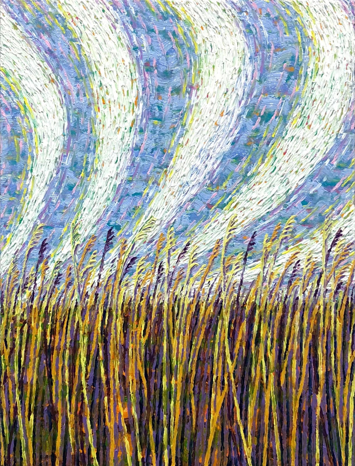 Oil painting of wheat with patterned sky