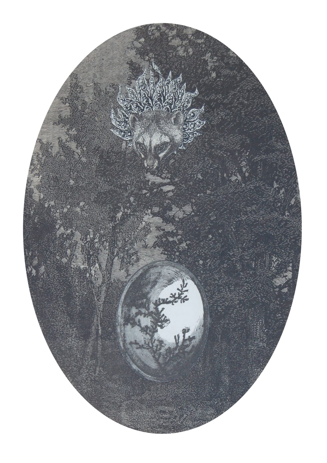 BRUCE CONNER, UNTITLED (Oval Night Trees + Animal Head, Jewel + Brooch, 1996/2002