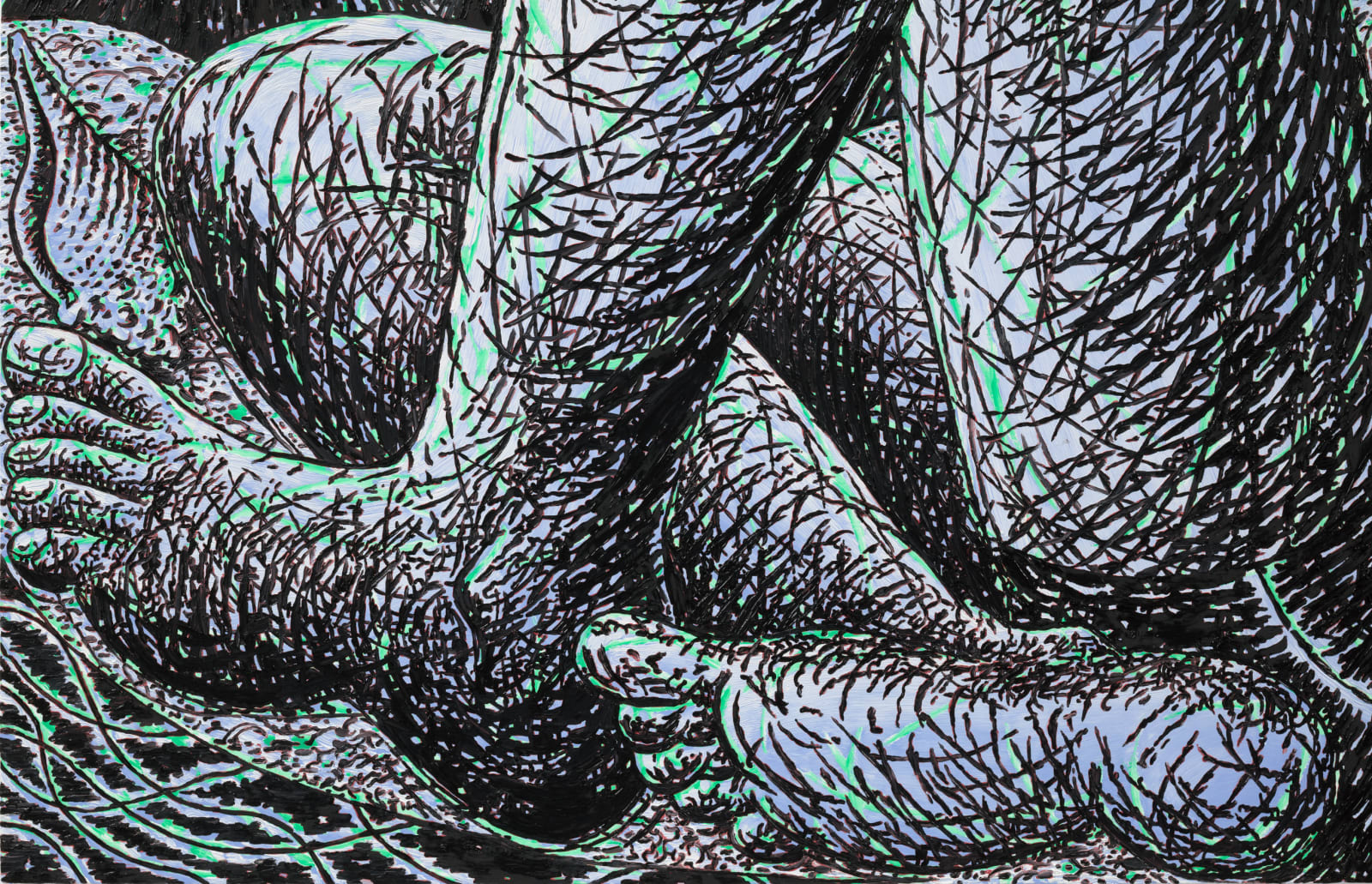 Detail shot of oil on panel painting depicting a shirtless reclining figure with pine trees and a crescent moon in the background