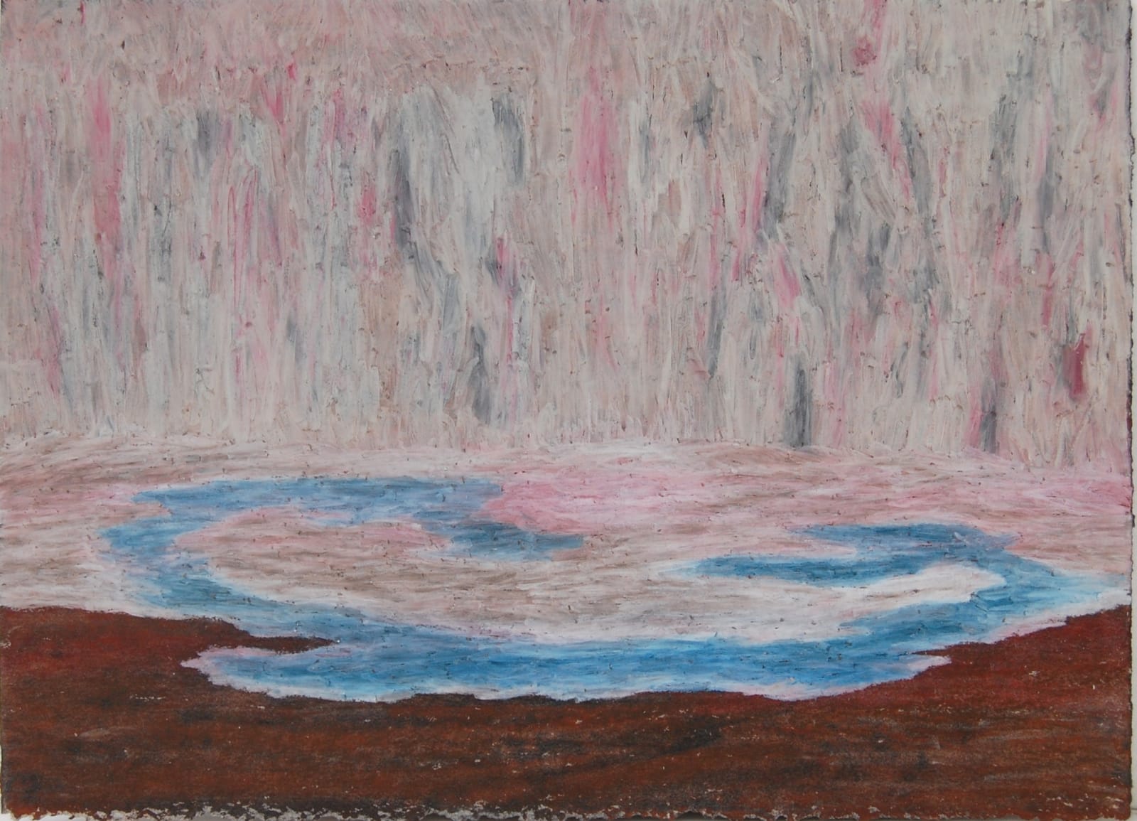 Abstracted landscape, bottom third a red-brown color, top two thirds grey-pink color, blue puddle-like object in center