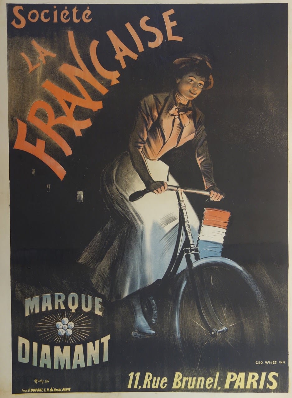 Colored lithograph of a smiling early 20th century woman riding a bicycle