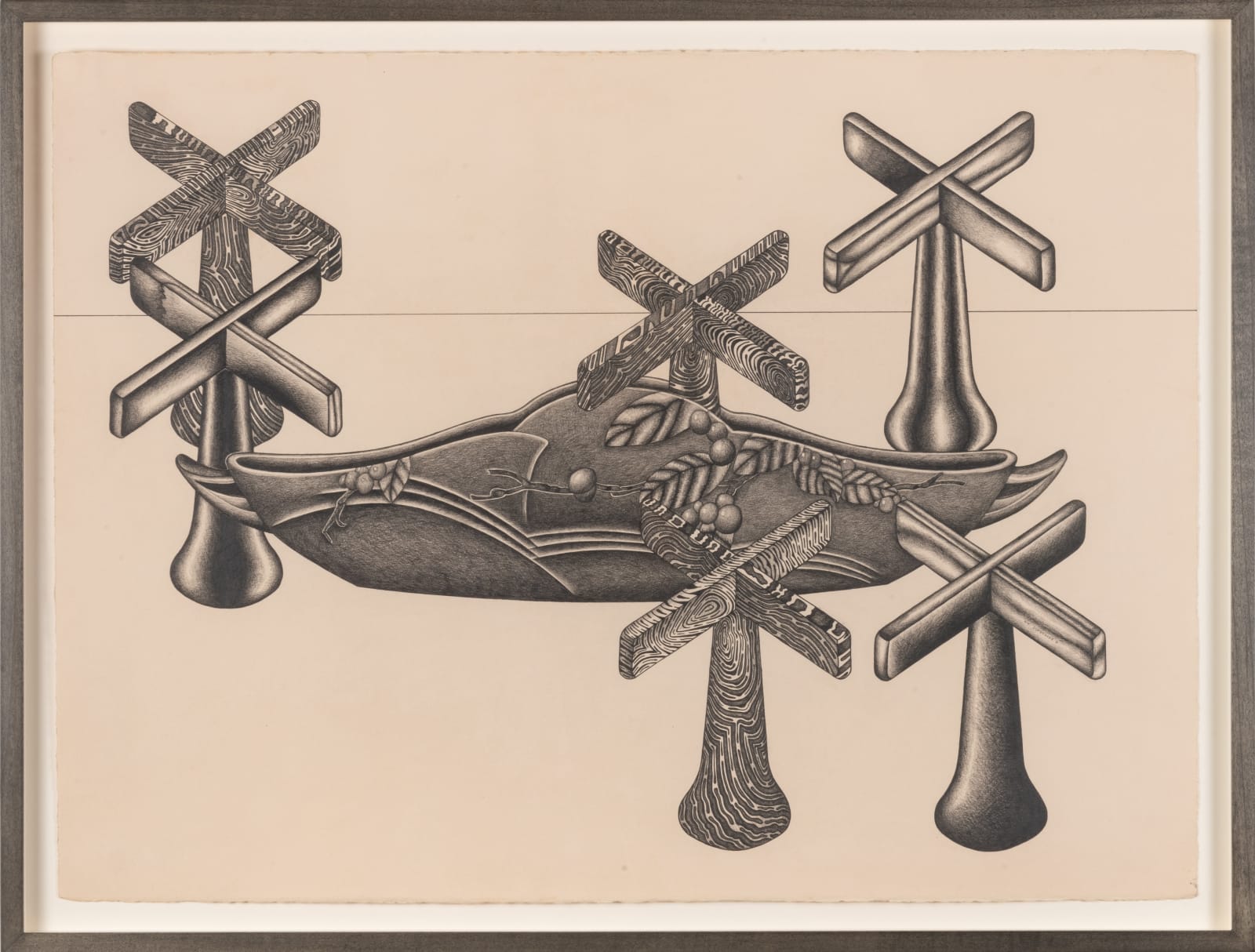Framed drawing with formation of 'x' shaped structures