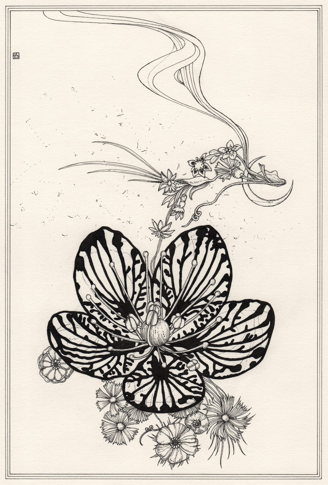 Black and white drawing with flower