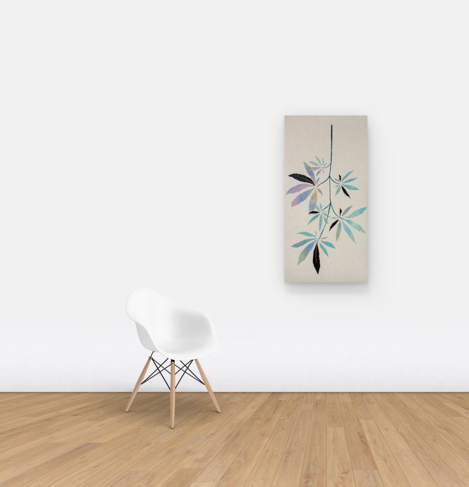 Multicolored collaged hemp leaves hung on wall
