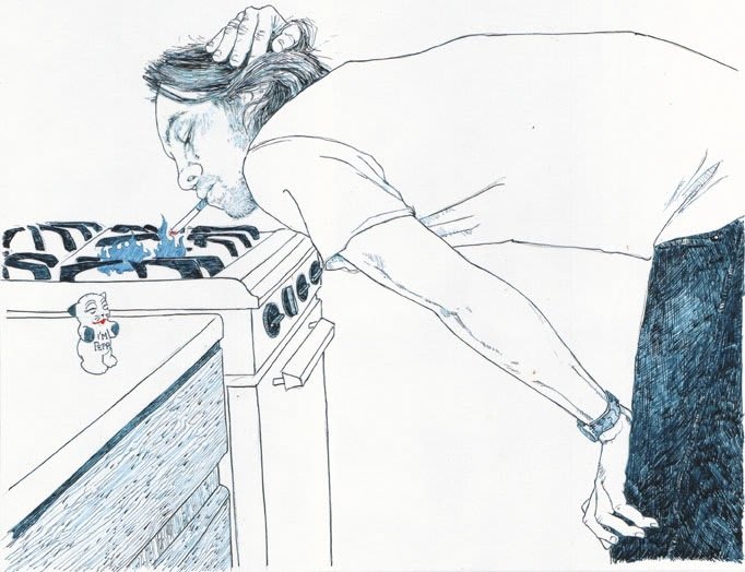 Man uses pilot light from stovetop to light cigarette