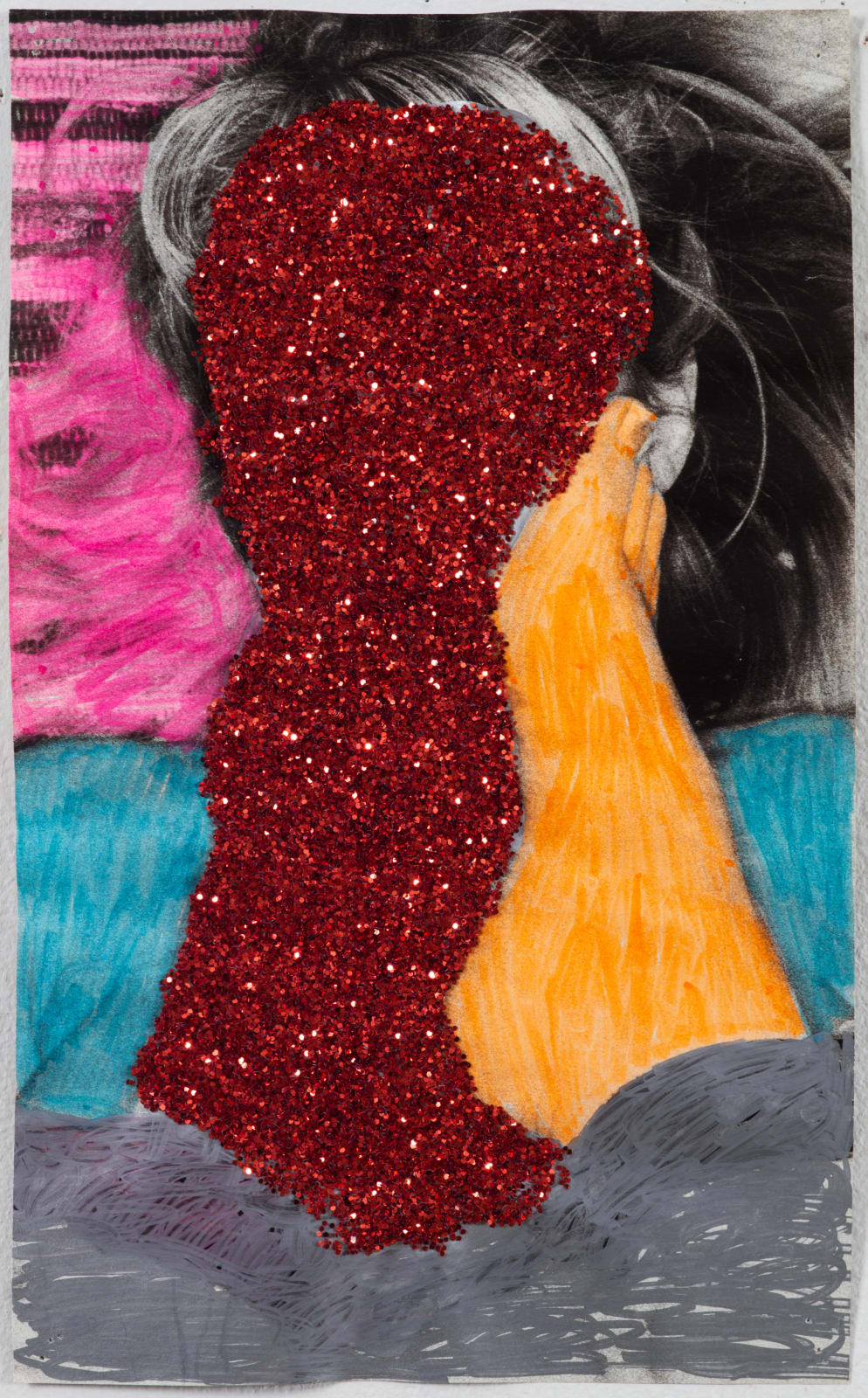 Pornographic image with a foot and womans head partially covered by red glitter