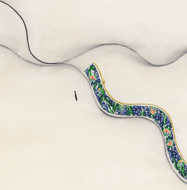 Detail image of an off white trapezoidal canvas with wavy gray lines at the top and bottom third of the composition, a wavy line going from the top left to the bottom right of the canvas- thick, green, and snakelike in between the two horizontal wavy lines- and thin multi colored lines and dashes around the frame