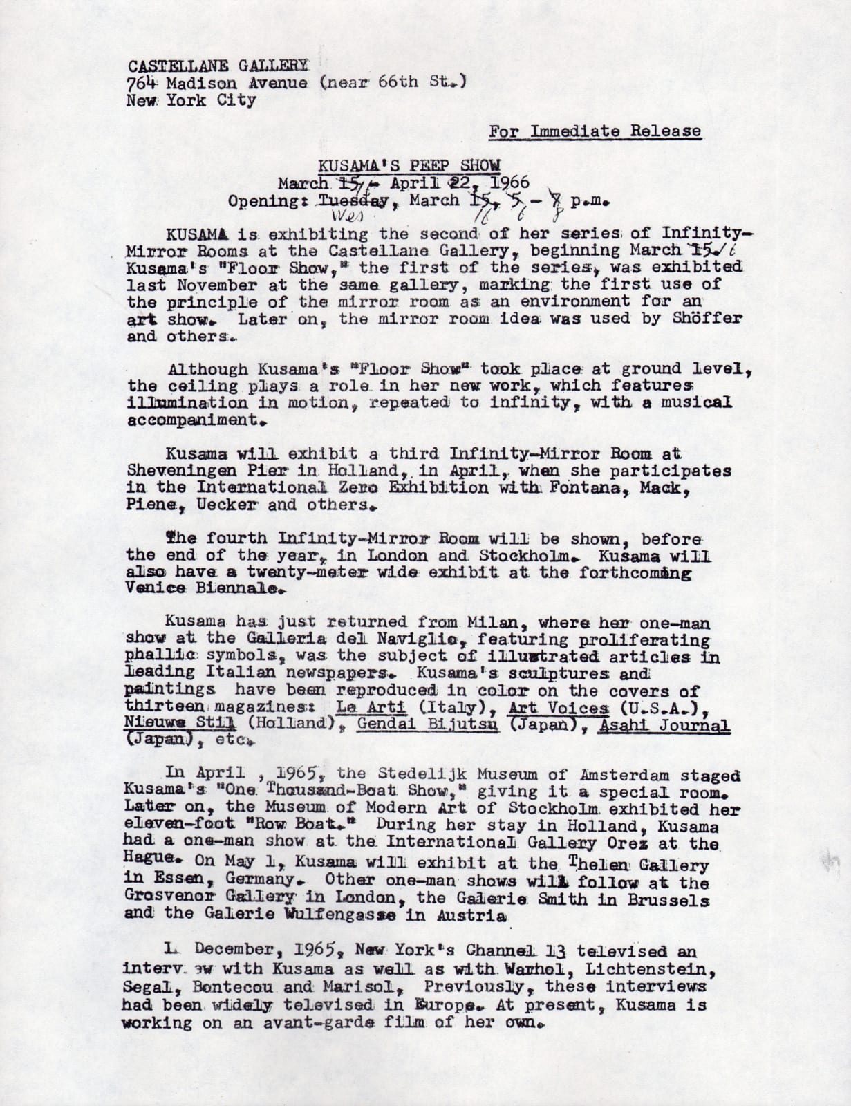 Image of press release for Kusama's Peep Show at Castellane Gallery, NYC 1966