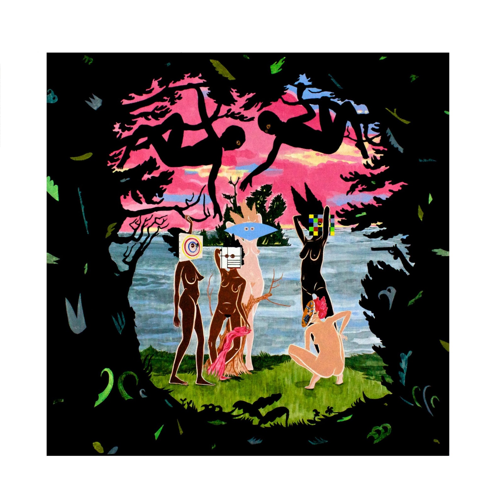 A nude woman rises from a body of water wearing a modernist painting as a mask