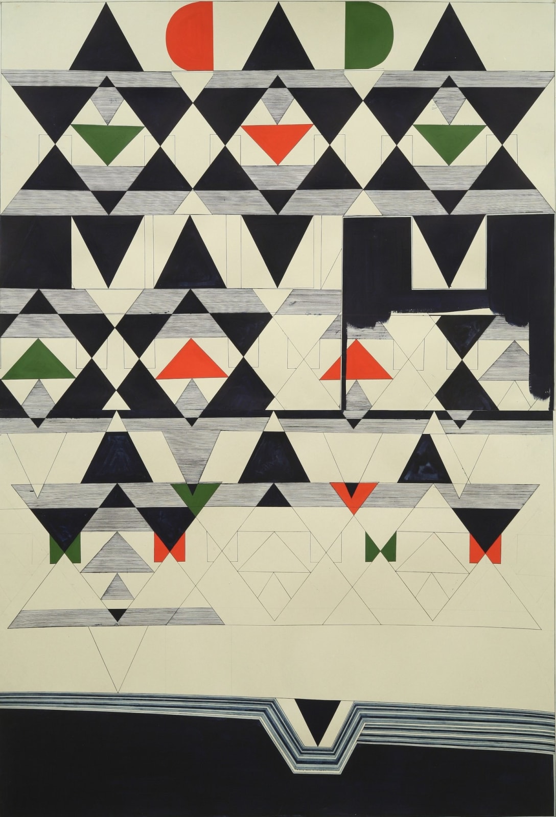 Color line drawing with red, green, and black shapes including triangles and semi-circles