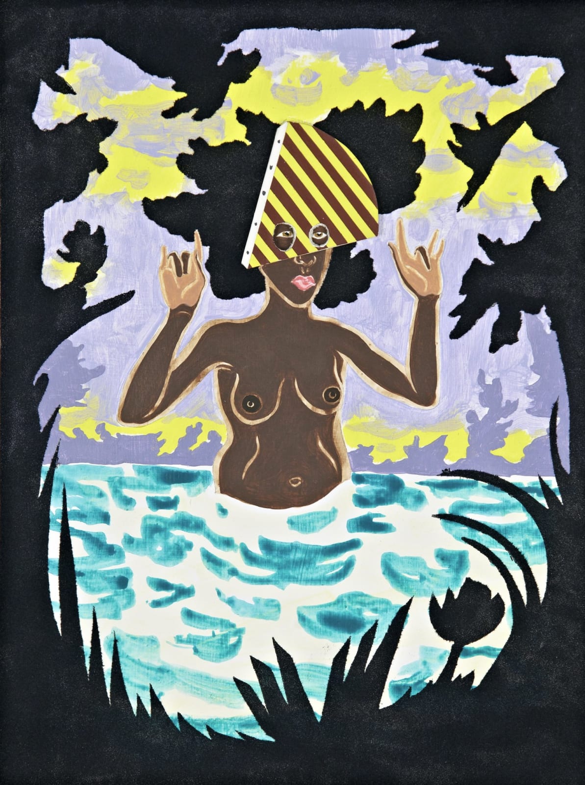 A nude woman emerges from a body of water wearing a modernist painting as a mask
