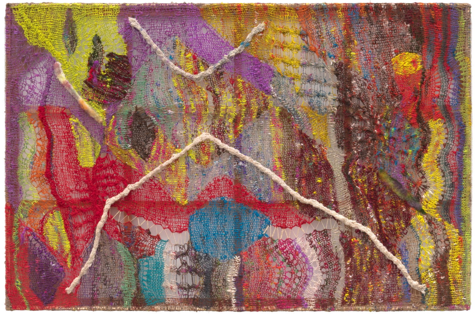 A cacophonous composition in multi-colored fibers stretched across a redwood frame as one would stretch a painting. The fibers are knit at varying thicknesses so that in places one can see through the stitches to the wall behind. The composition has a wave-like pattern with many fractal fields of varying colors