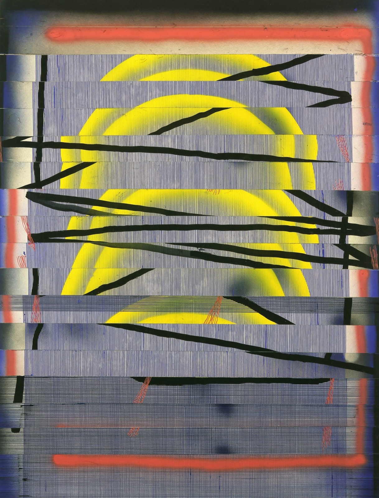 Collage of horizontal strips with dark blue vertical stripes, yellow and black lines sprayed over surface
