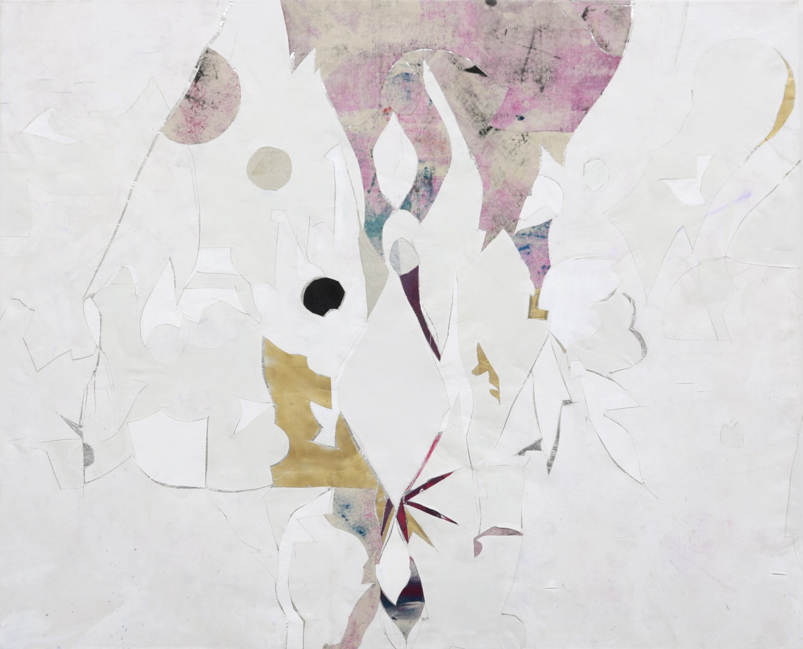 Abstract white, gold, shades of purple collage using remnants of earlier paintings and studio detritus