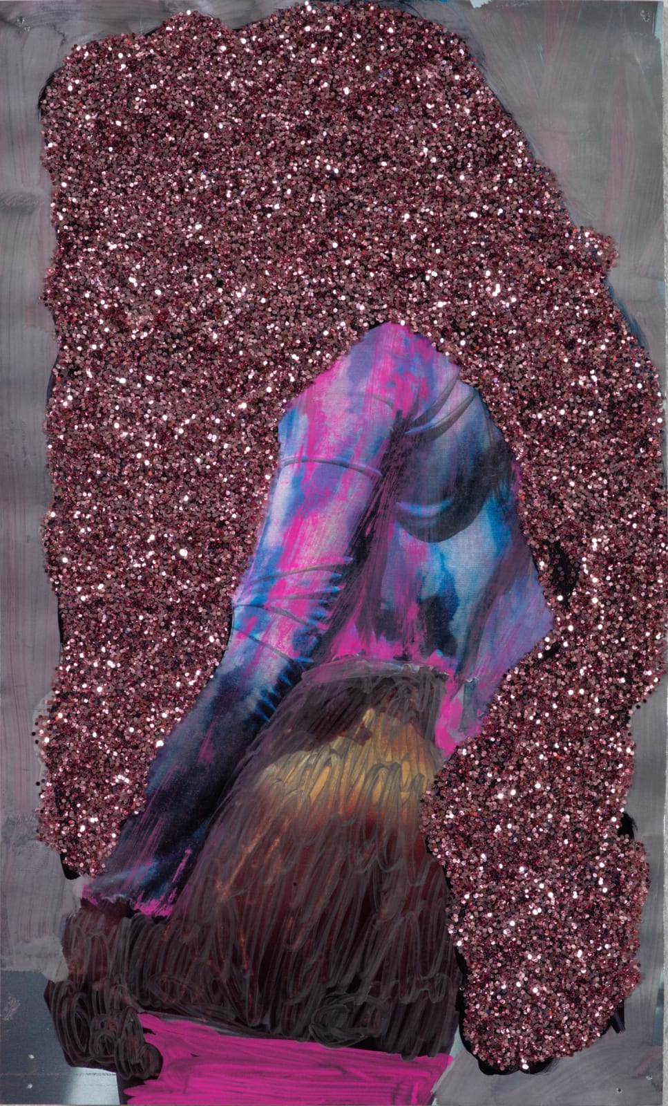 Pornographic image of a figure looking back with a pink glitter field partially covering the body
