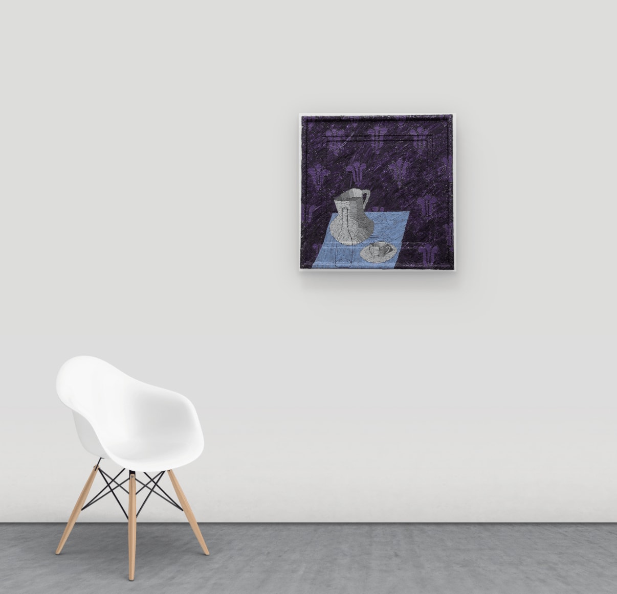 Rue des St. Peres on wall. a table with vessels and tea mug on a table in front of patterned wallpaper, made from strips of colored tin