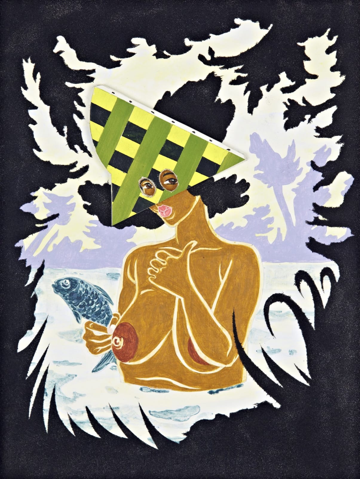 Nude woman waist deep pin water wearing a modernist mask and holding a fish