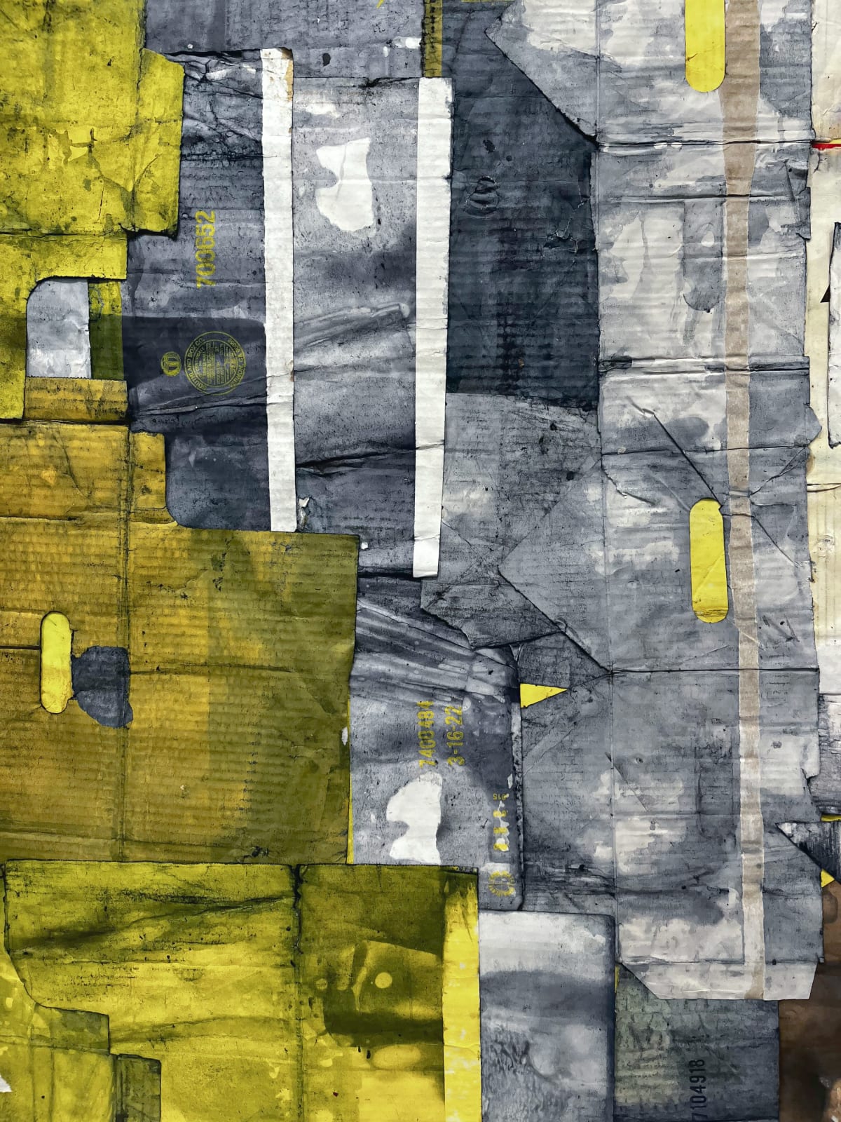 Close-up of abstract painting that uses a dark tone over fabric with a red and white checkerboard pattern