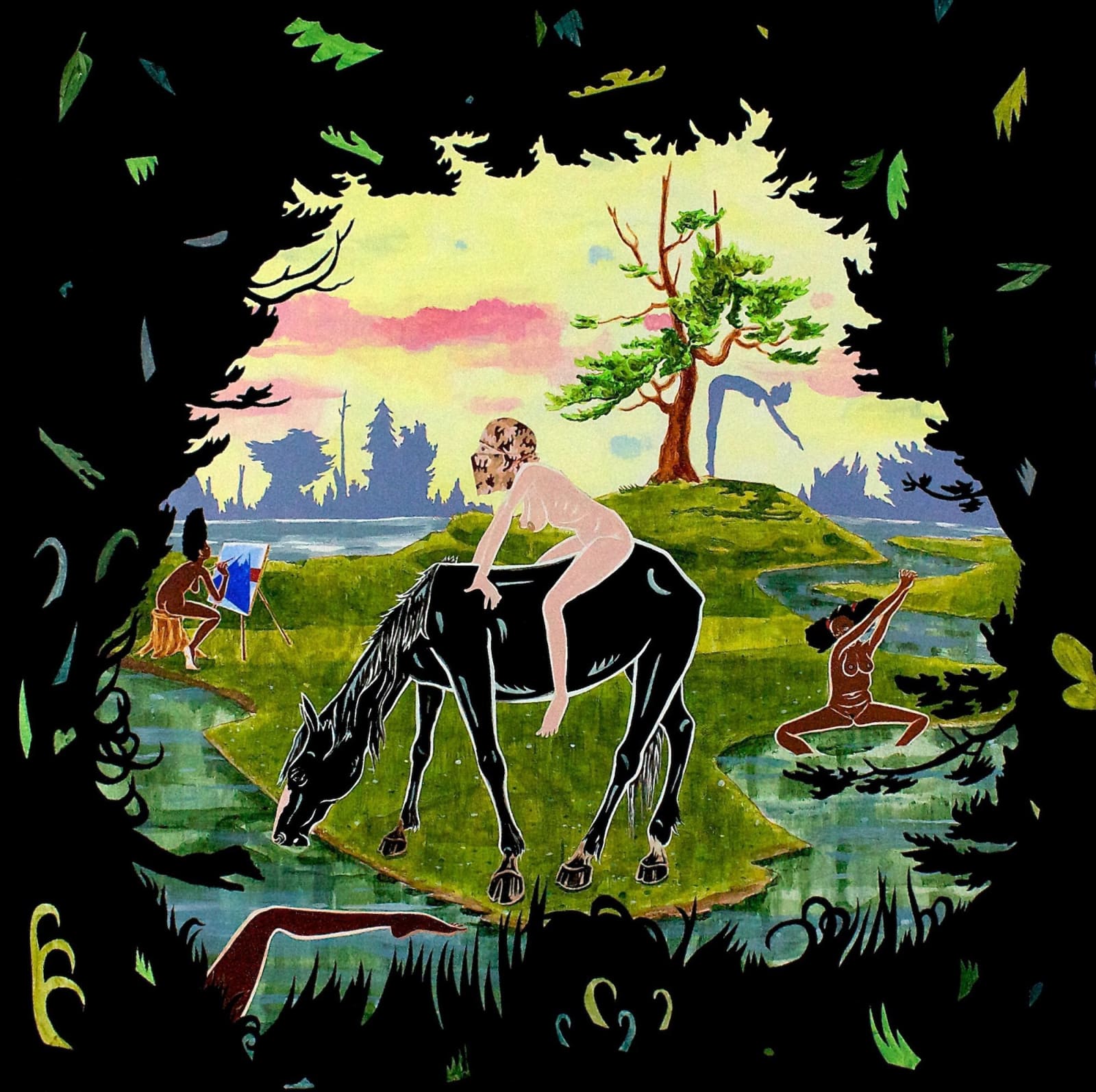 A woman rides a horse while others play in the river