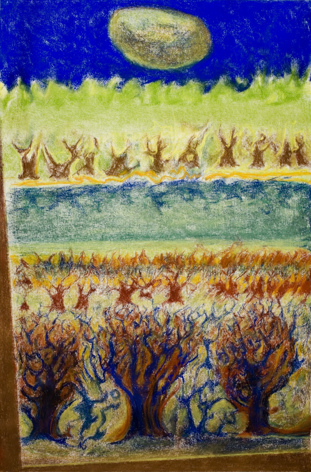 Painting of Blue Sky with Green Moon over fields