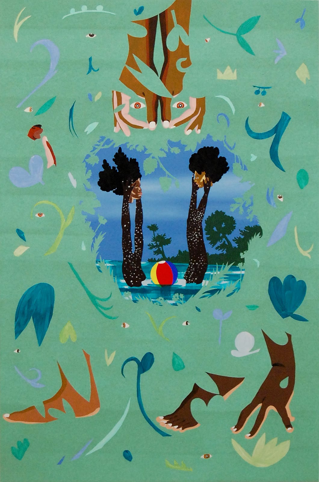 Painting with a light green background features two women holding their heads above their bodies