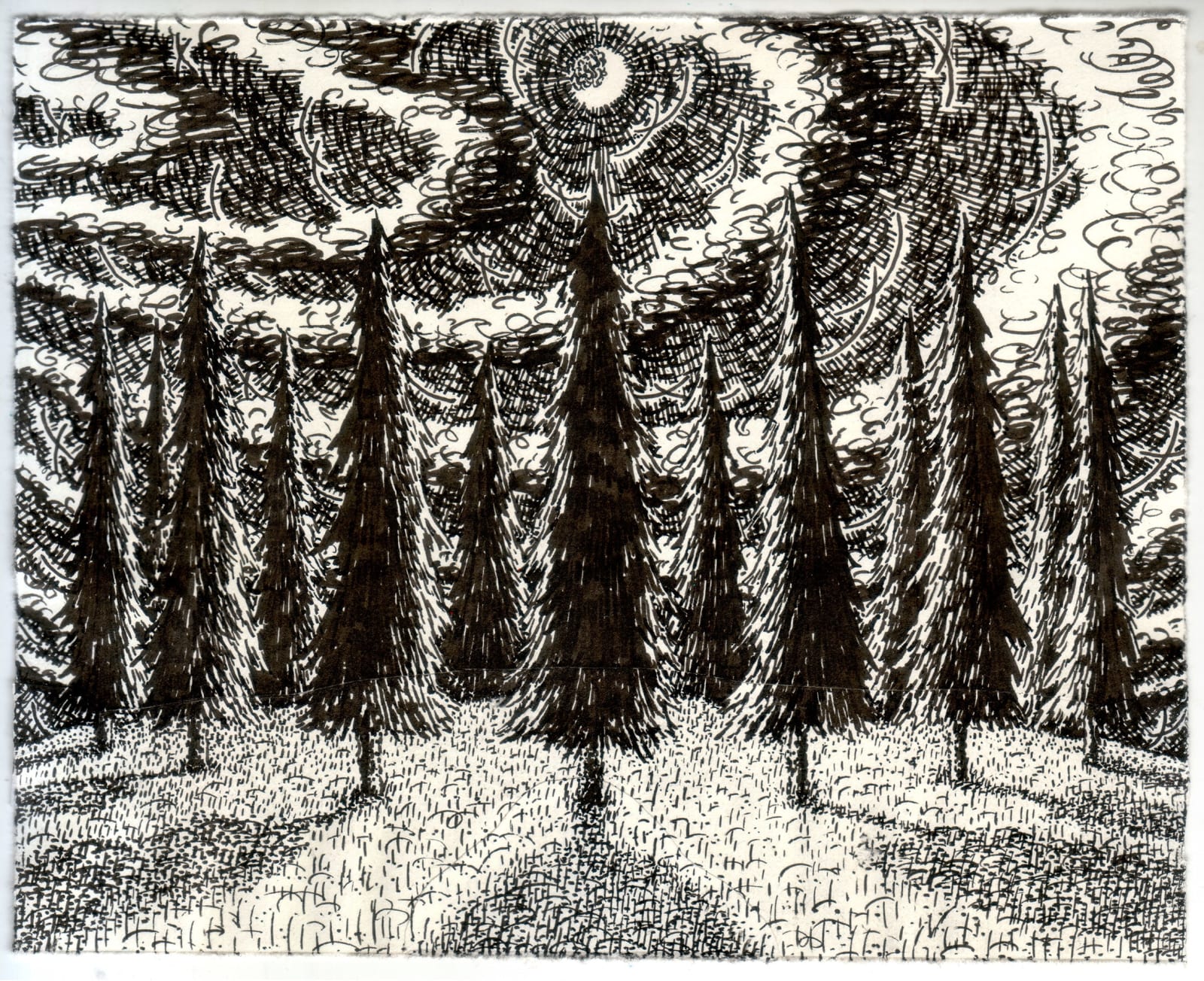 Ink on paper depicting forest of pine trees with stripes of clouds and a crescent moon in the sky.