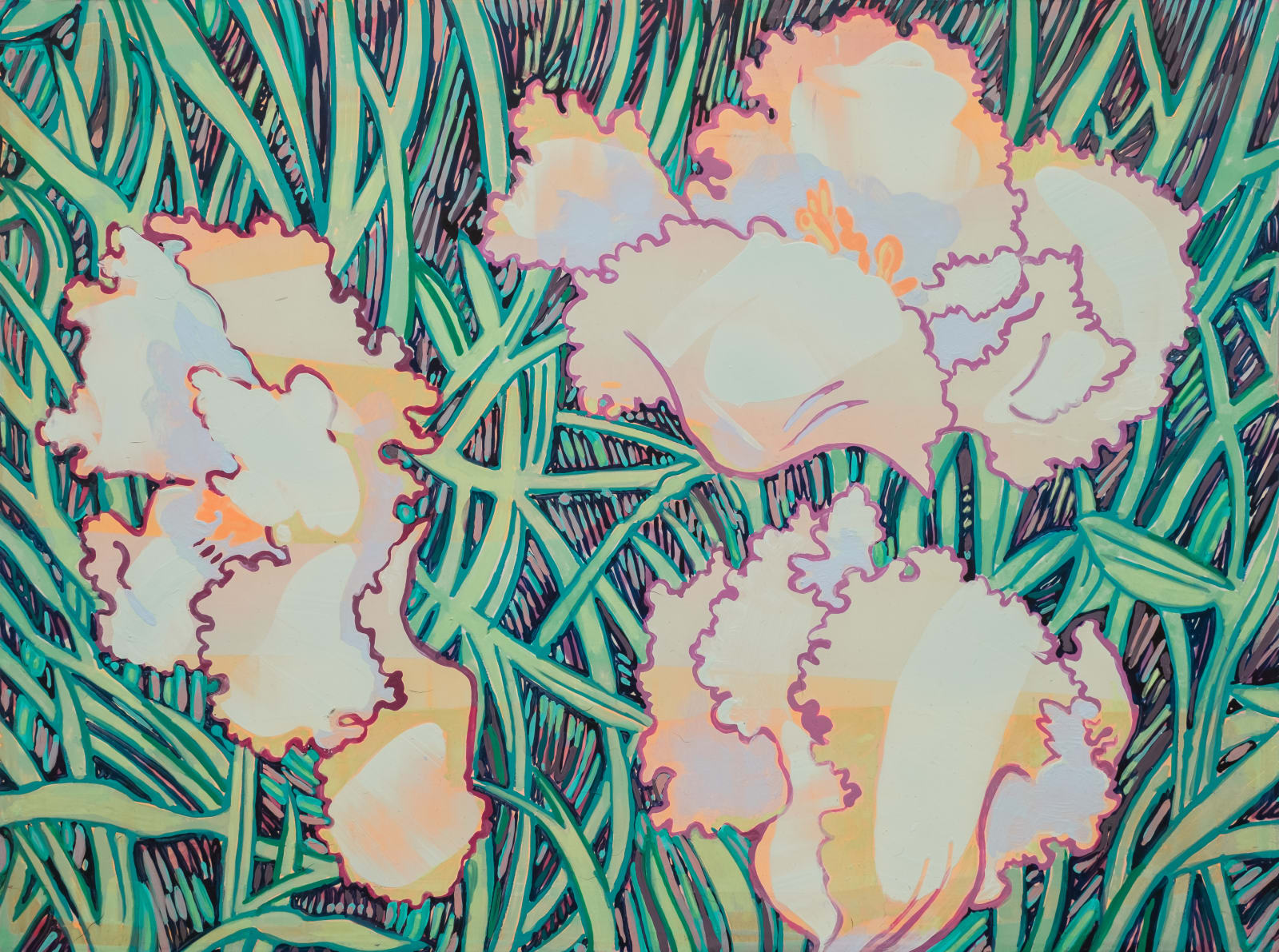 Three flowers in a grassy space