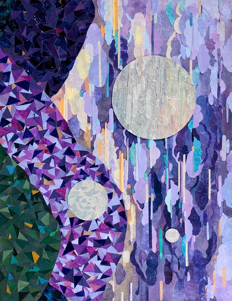 Purple and blue paper collage with moon in the sky