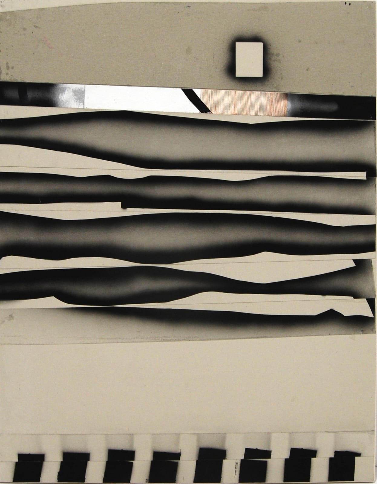 Cream colored panel with multiple sprayed black sections through center of panel, lower border marked by black squares