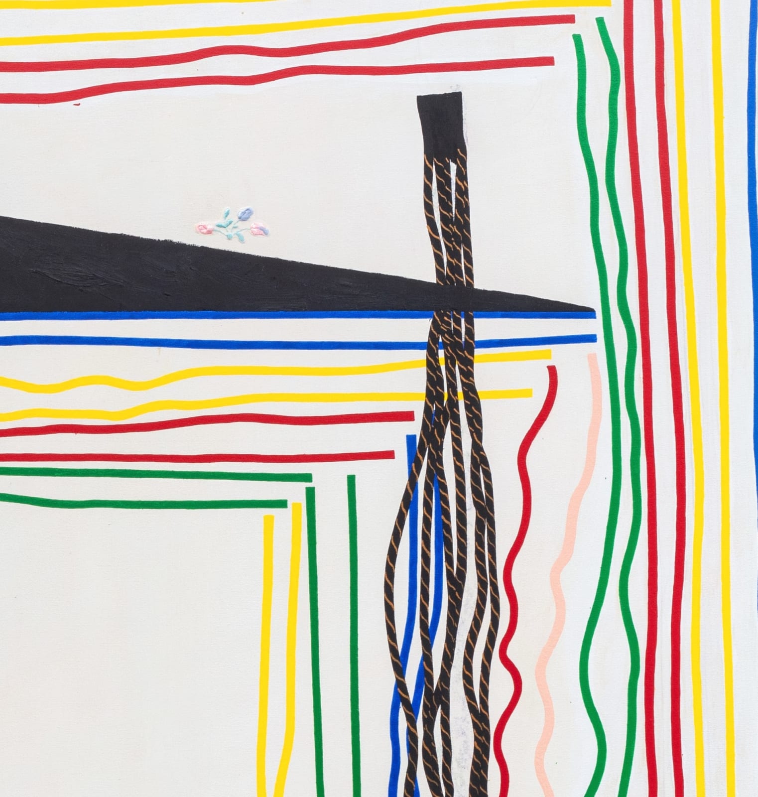 Detail image of a trapezoidal canvas with black edges and telescoping, multicolored squares with dangling wavy lines