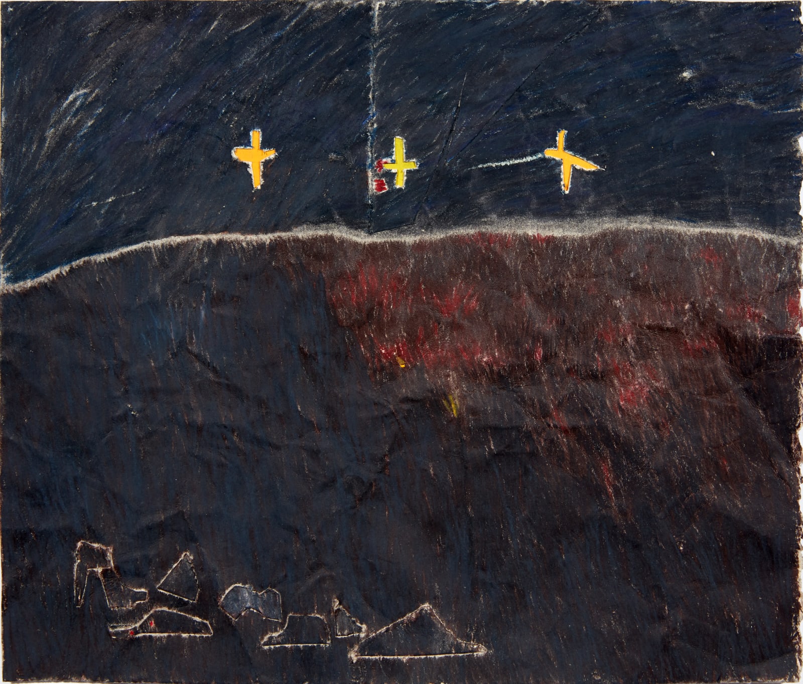 A dark landscape with three crosses