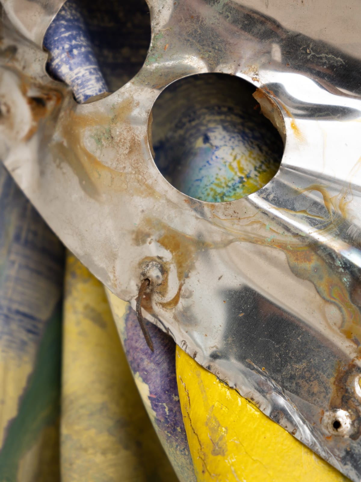 Detail view of multimedia wall sculpture