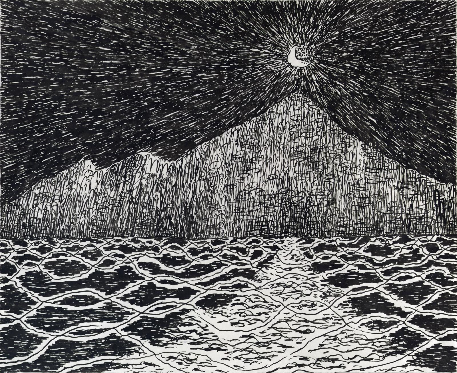 Ink drawing of crescent moon over mountain on lakeshore