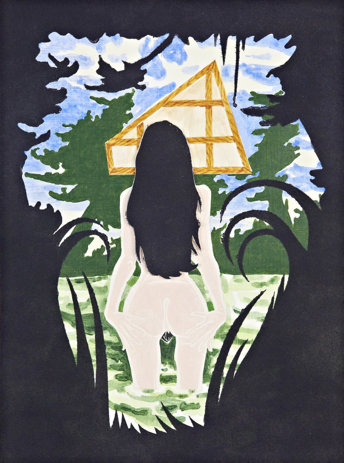 A nude woman emerges from a body of water wearing a modernist painting as a mask