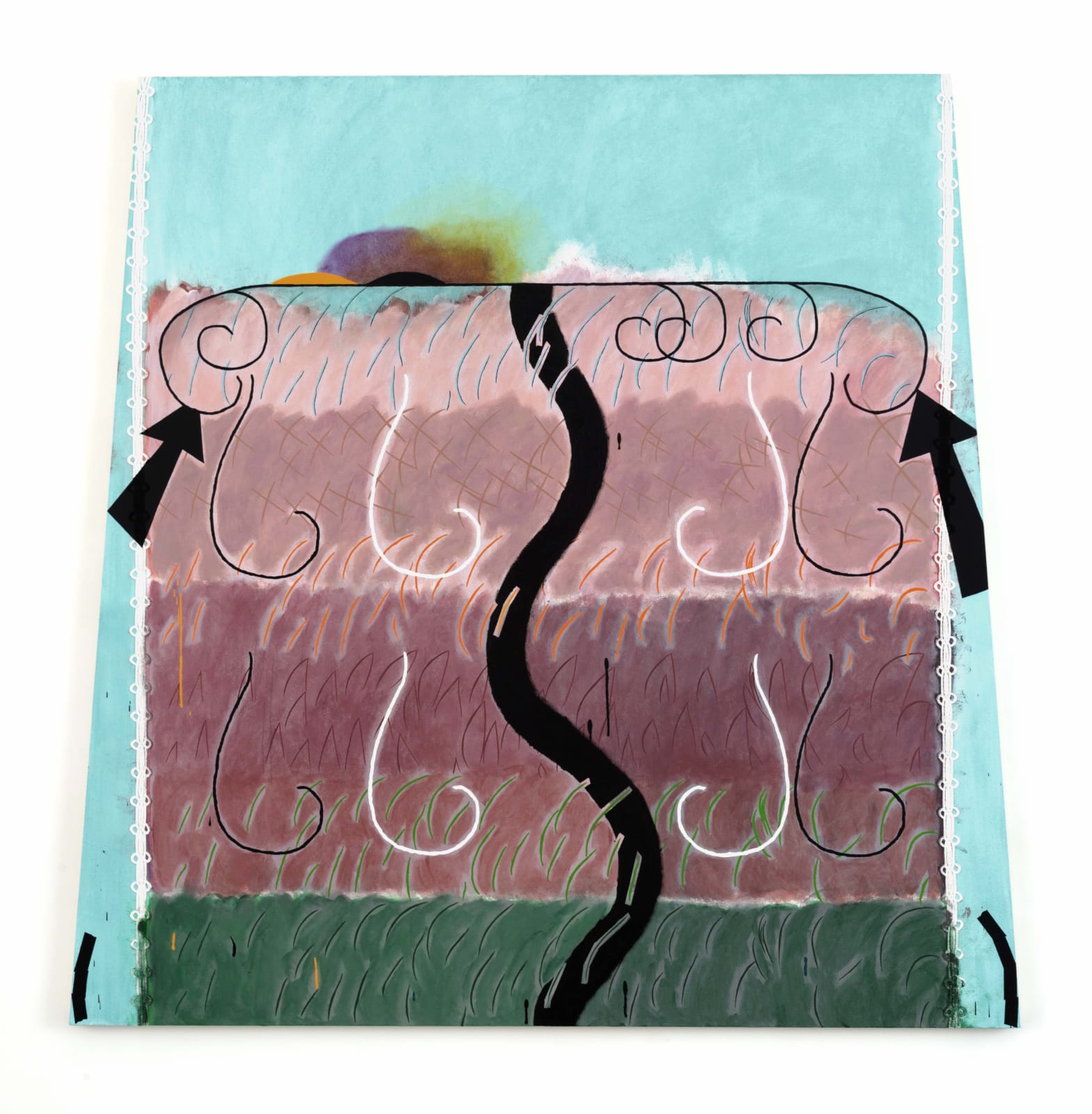 Abstract painting on shaped canvas, aqua blue ground, rose pink box bisected by squiggly line, framed by two black arrows