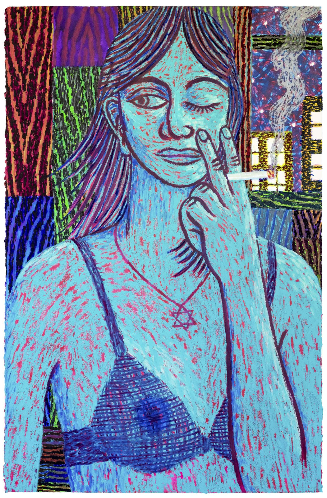 Woman in sheer bra top with a star of david necklace smokes a cigarette