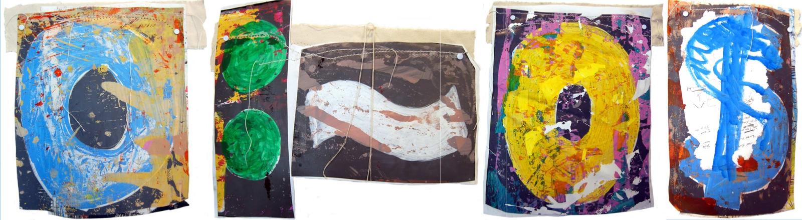 Abstract painting comprised of five sections with multicolored details on a black background