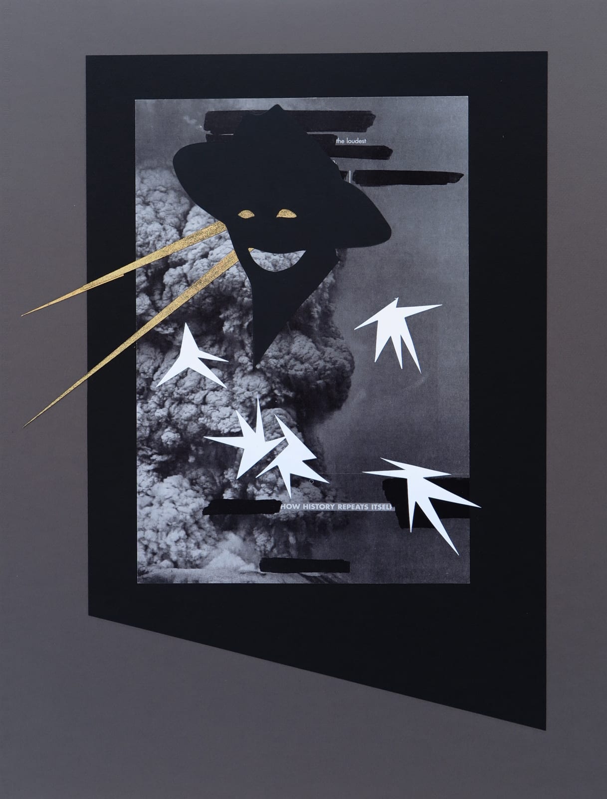 Framed collage featuring images from anthropological magazines, art publications, and colonial era photographs