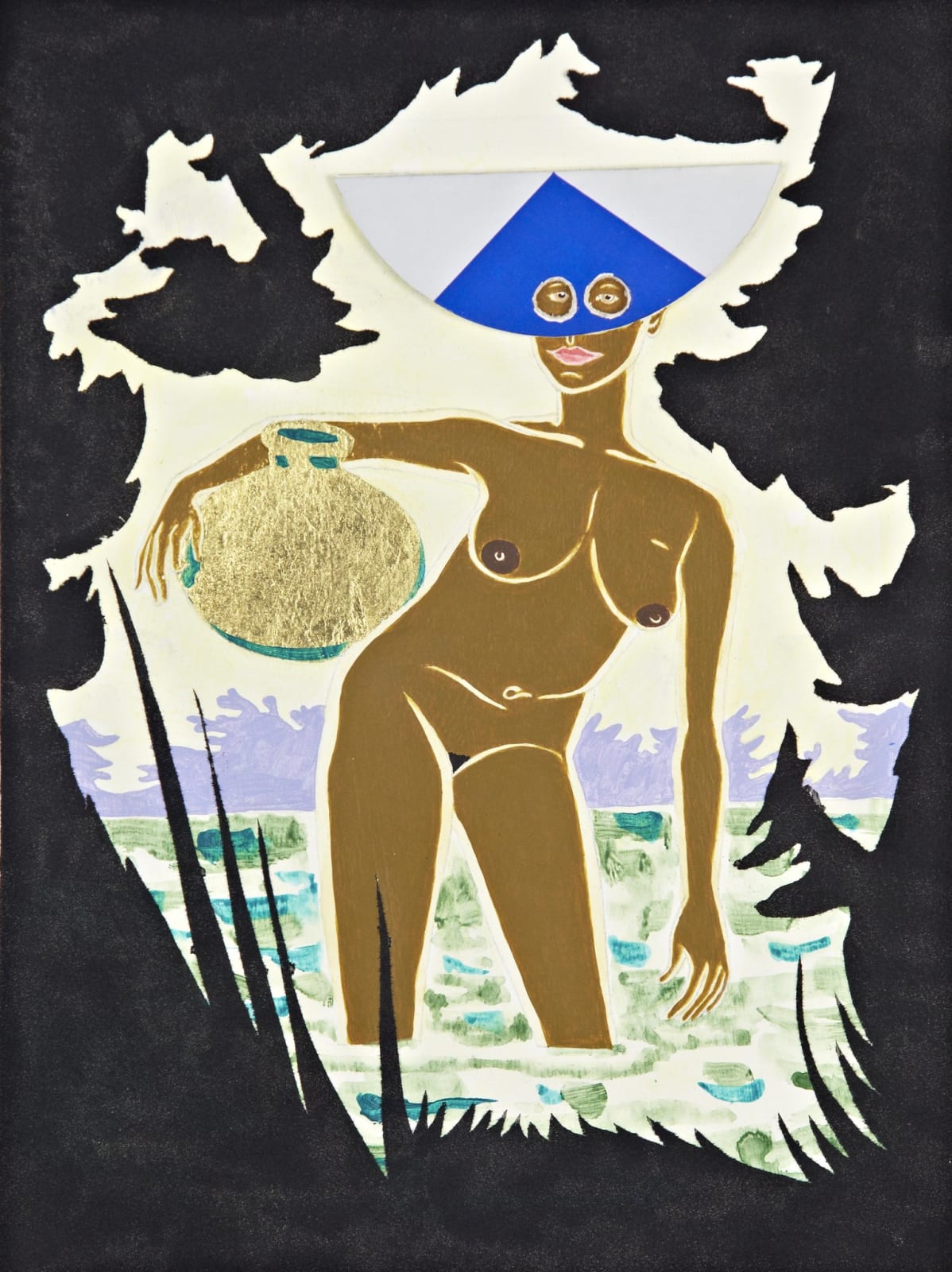 Nude woman in water wearing a modernist mask carries a large vessel